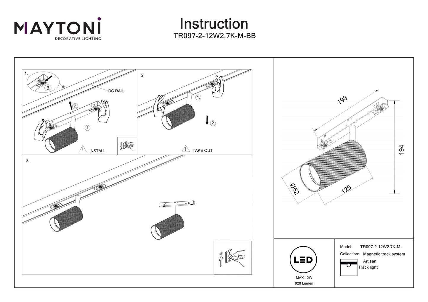 Track luminaire TR097-2-12W2.7K-M-BB