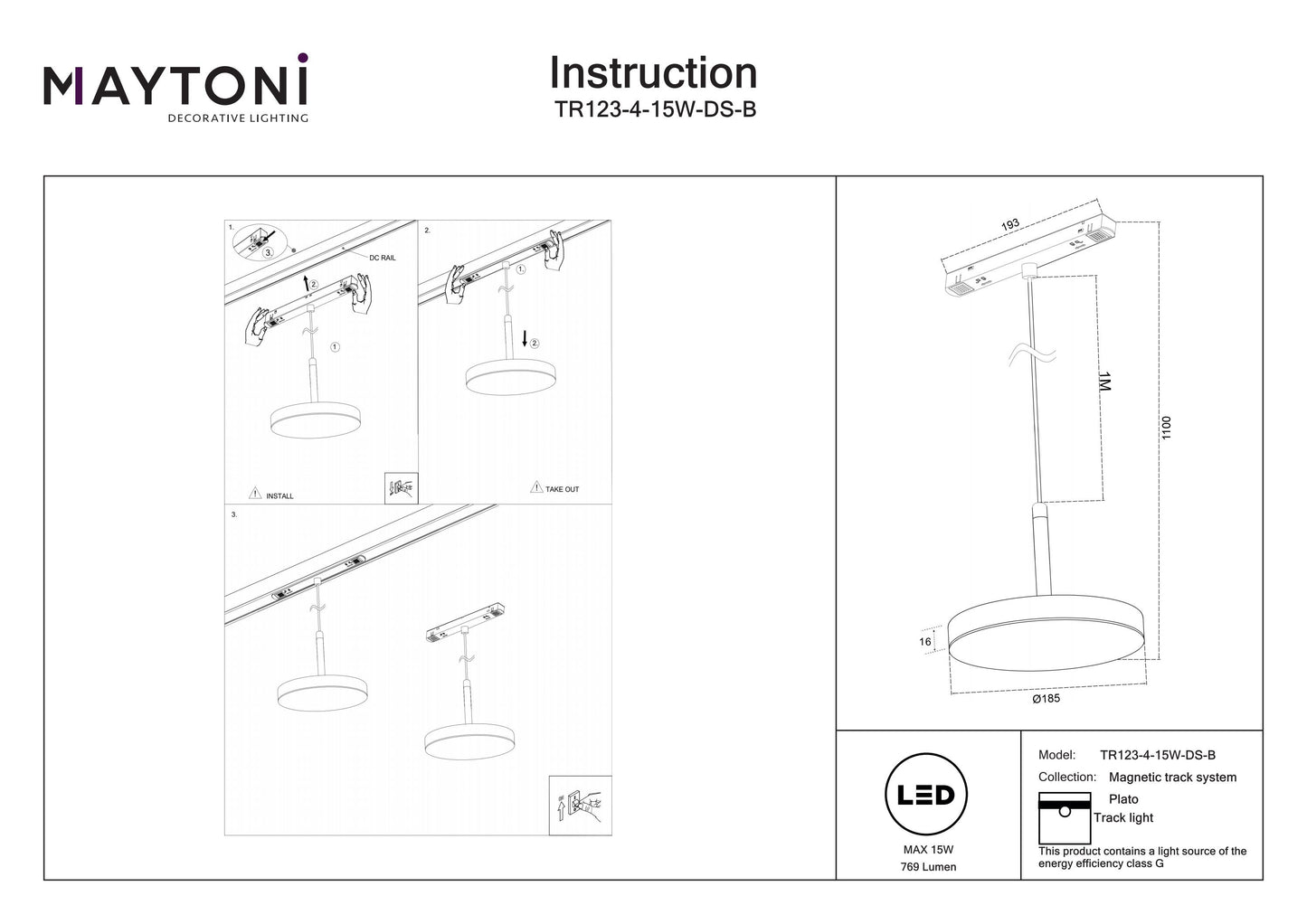 Pendant track luminaire TR123-4-15W-DS-B