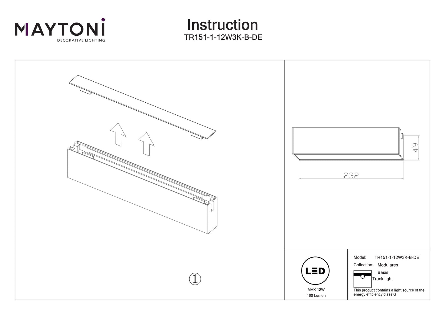 Track luminaire TR151-1-12W3K-B-DE
