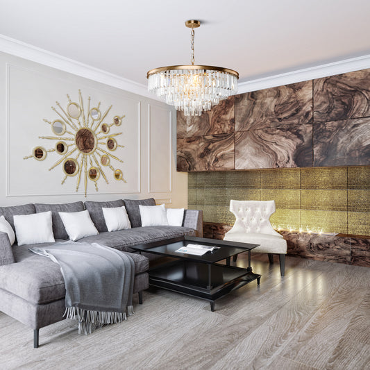 Modern living room with gray sectional sofa, coffee table, and ceiling lamp