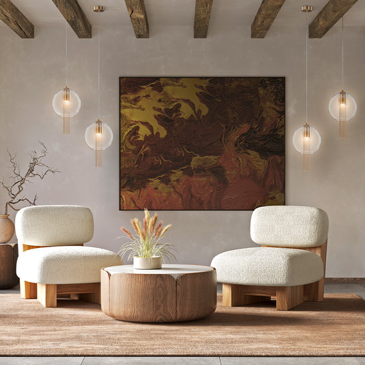 Modern living room with two armchairs, a coffee table, and abstract art on the wall.