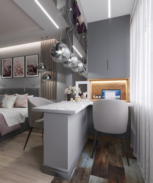 Modern bedroom with a bed, desk, and premium pendant lamps.