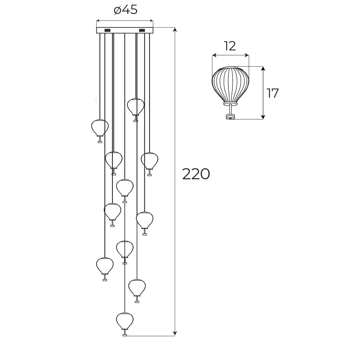 Palloncini 11 cascading chandelier technical drawing and dimensions: height 220cm, diameter 45cm