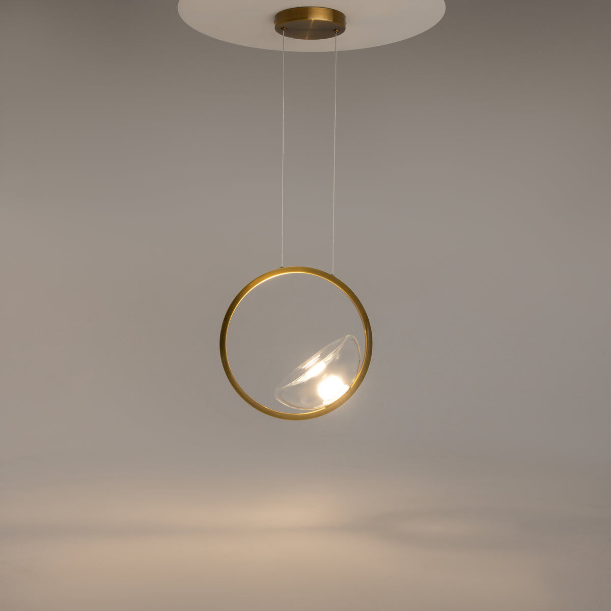 Gold pendant light fixture hanging against a neutral background