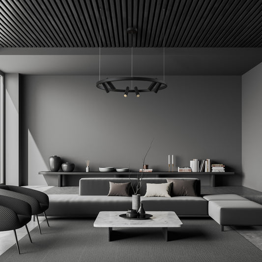Modern living room with gray sectional sofa, coffee table, and decorative items.