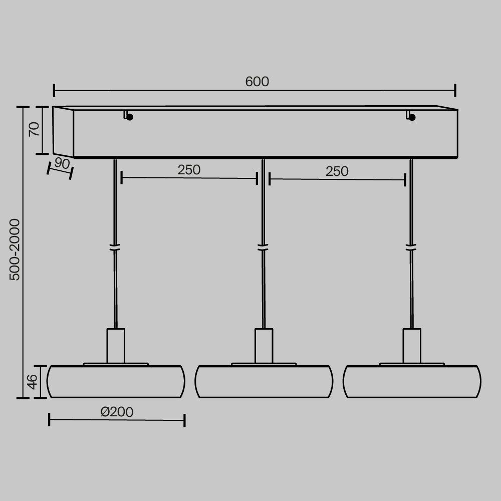 Technical drawing of a pendant light fixture with dimensions on a gray background