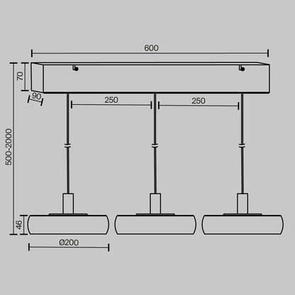 Technical drawing of a pendant light fixture with dimensions on a gray background