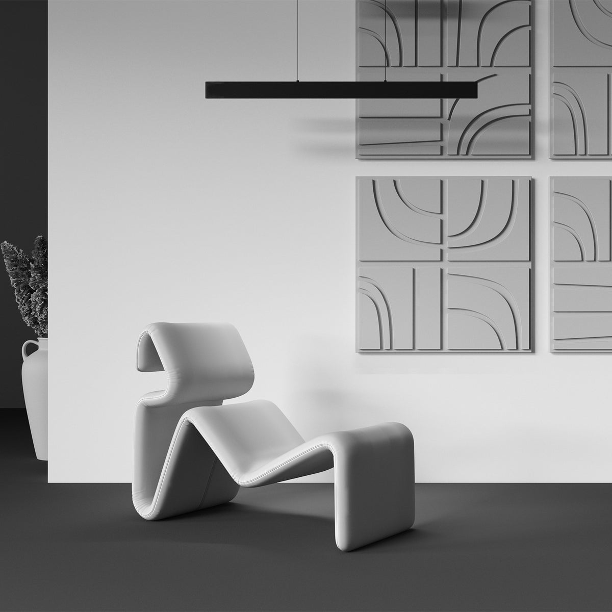 Modern white lounge chair in a minimalistic room with pendant lamp