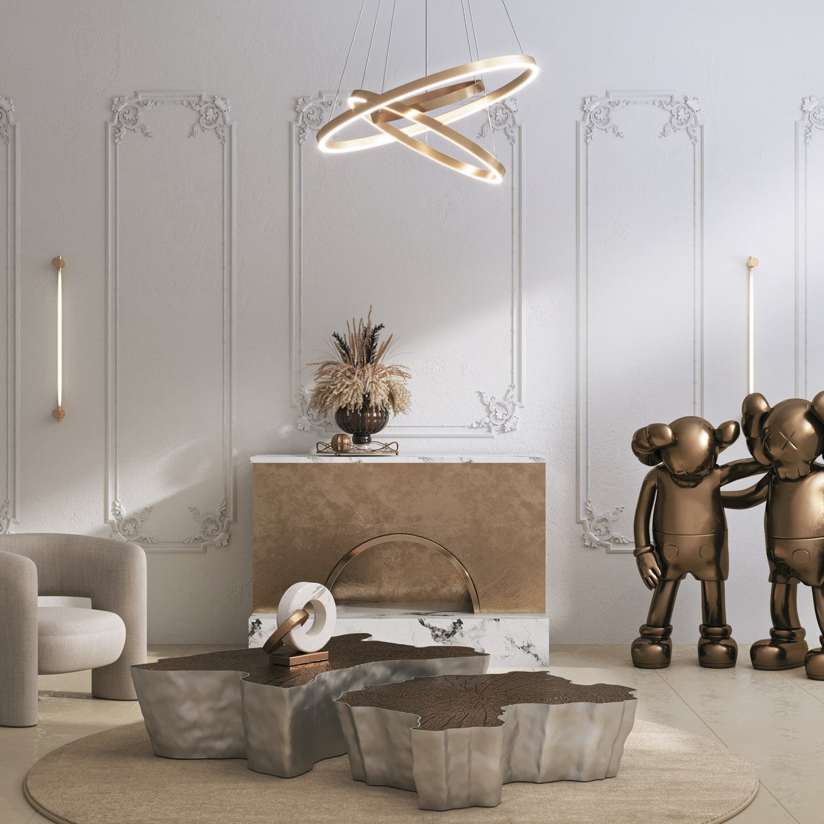 Modern interior with decorative elements including a pendant light, sculpture, and abstract art.
