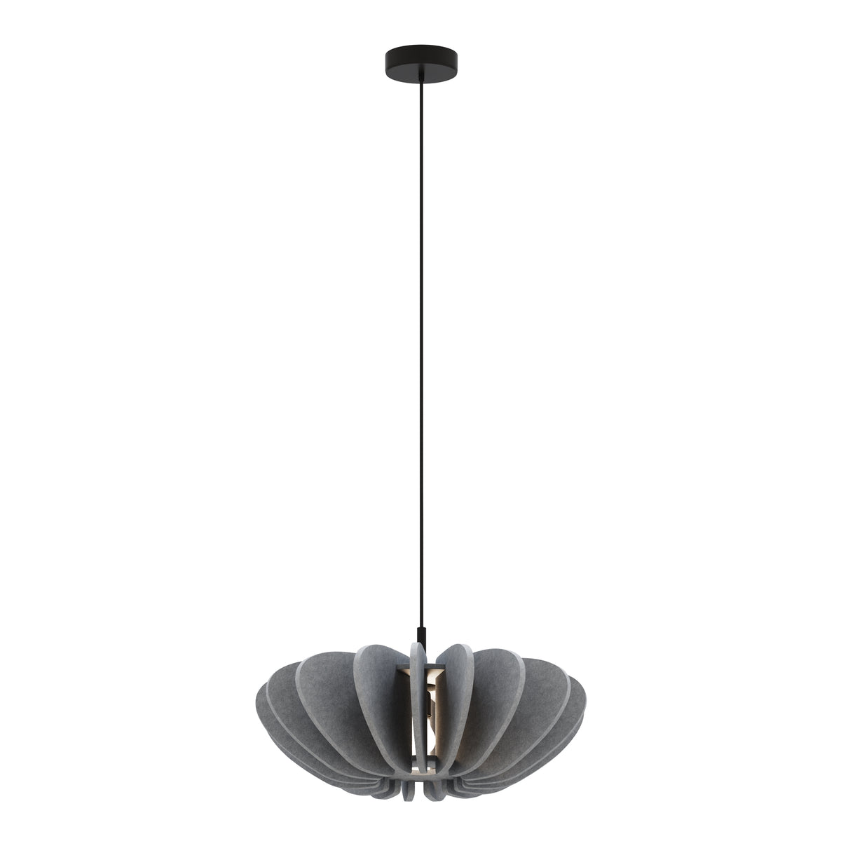 Gray pendant lamp with a black cord on a white background