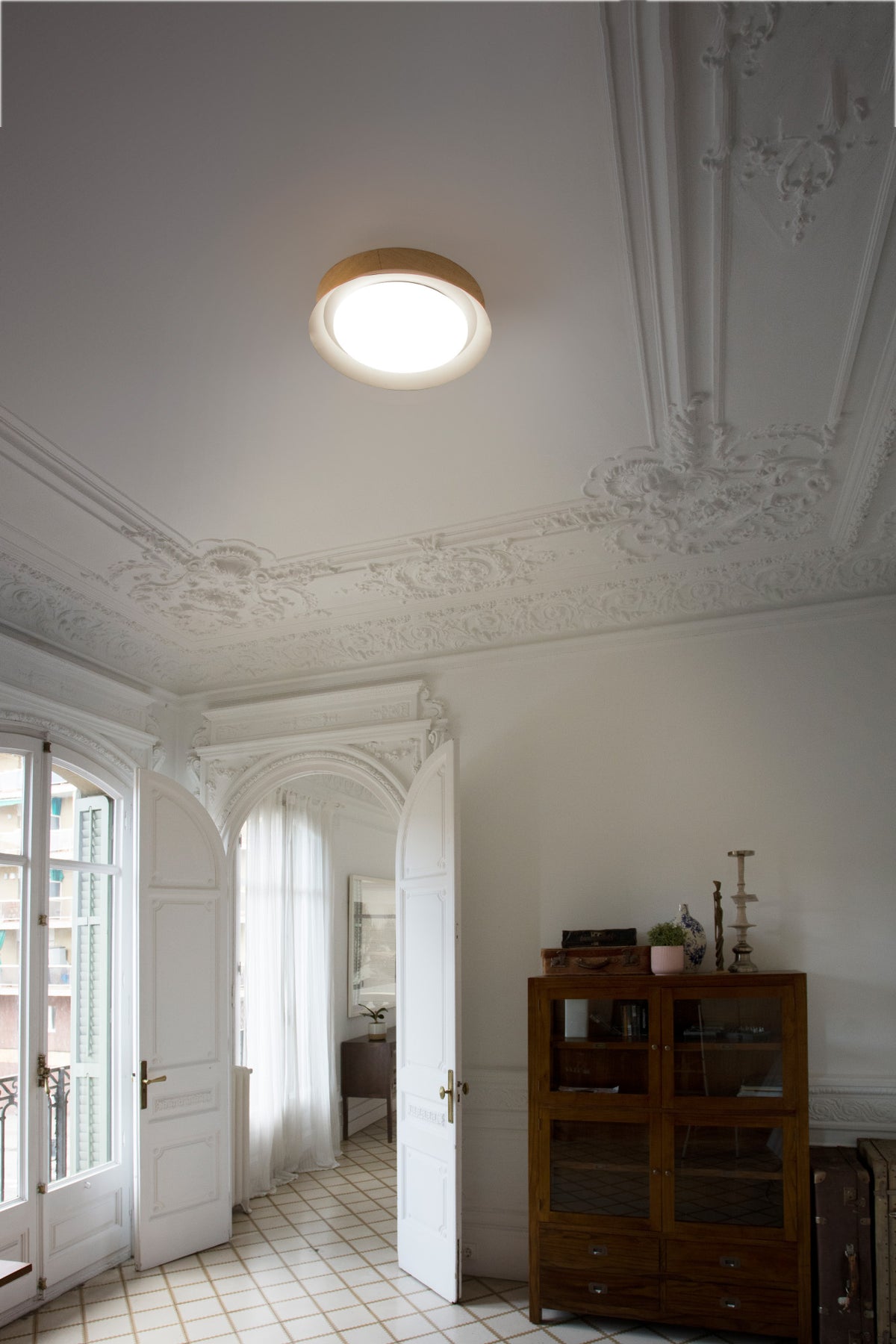 Tender LED ceiling light installed in a classic European room with decorative molding and wooden furniture