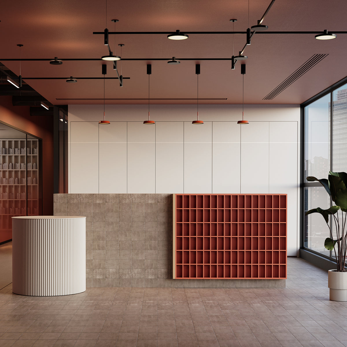 Modern interior design with a reception desk and bookshelf.