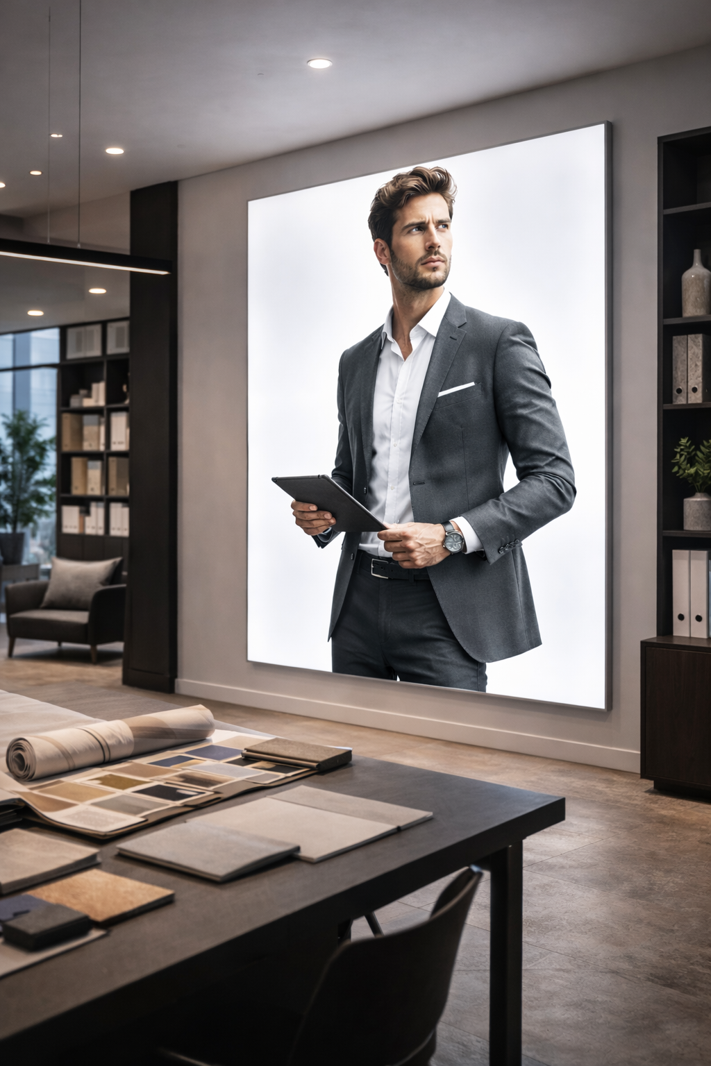 Architectural illuminated wall panel system with large portrait print for commercial interior design