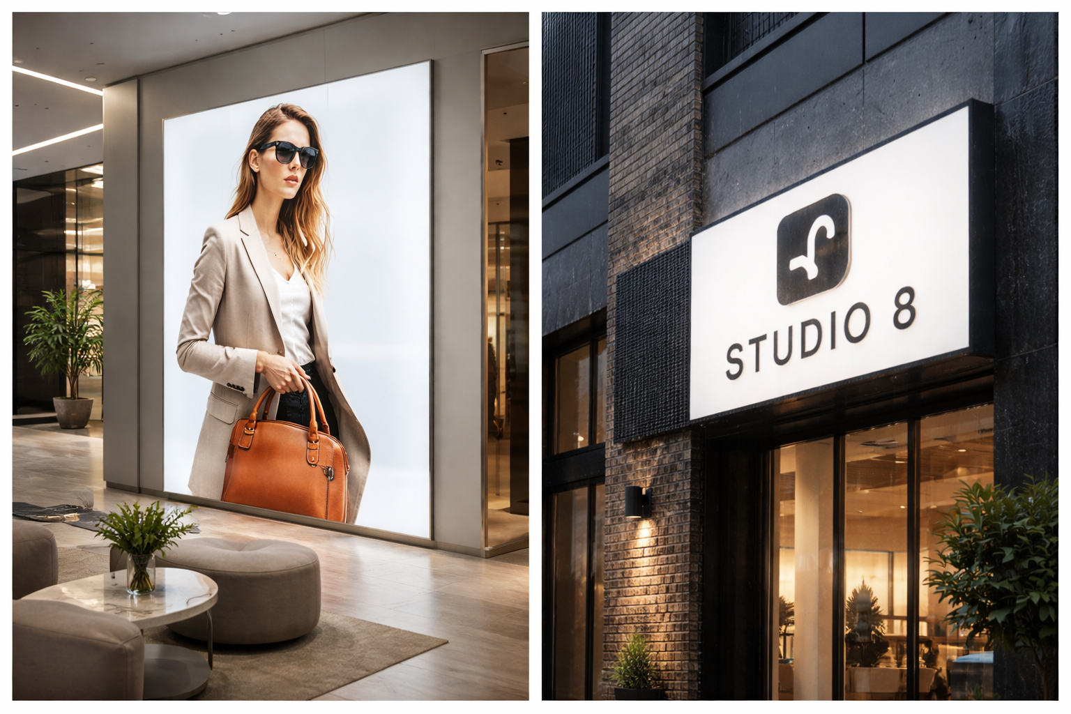 Large format backlit advertising lightbox with fashion print in modern commercial interior