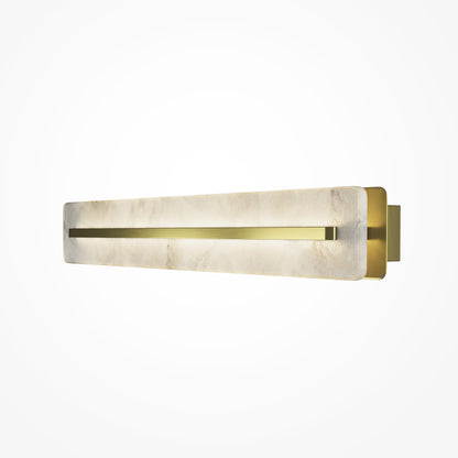 Wall-mounted light fixture with gold frame and white marble-like base on a white background