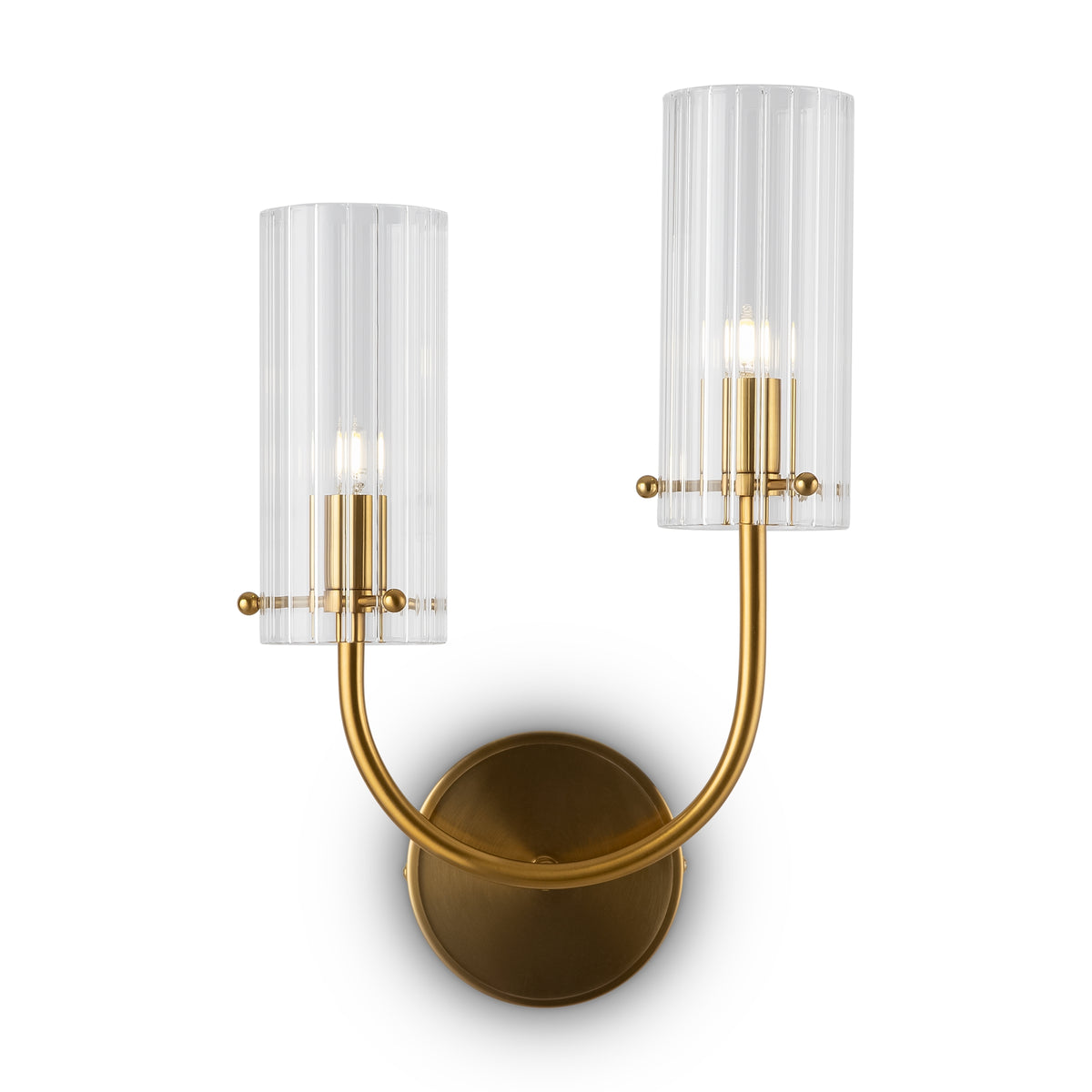 Gold wall sconce with two clear glass shades on a white background